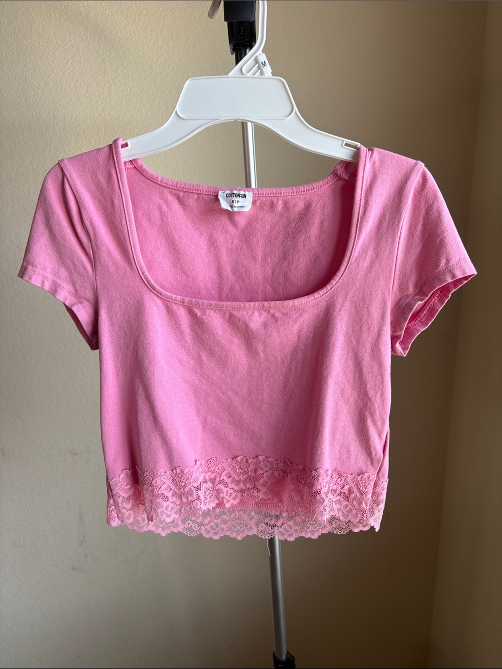 Cotton On Pink Square Neck Lace-Hem Crop Top